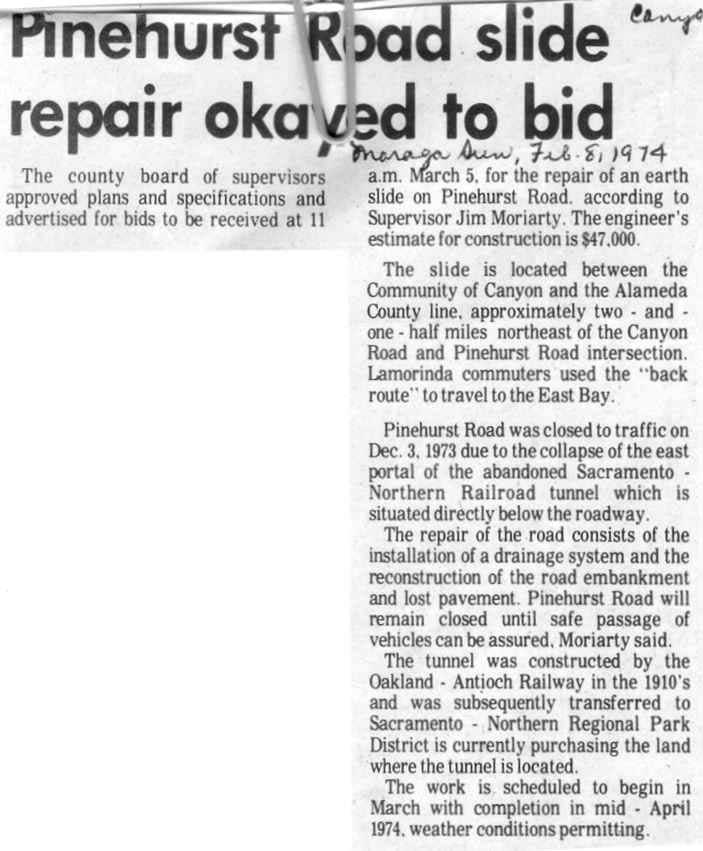 2_8_74
Pinehurst Road slide repair okayed to bid. Moraga Sun, February 8th 1974 Moraga History Center
